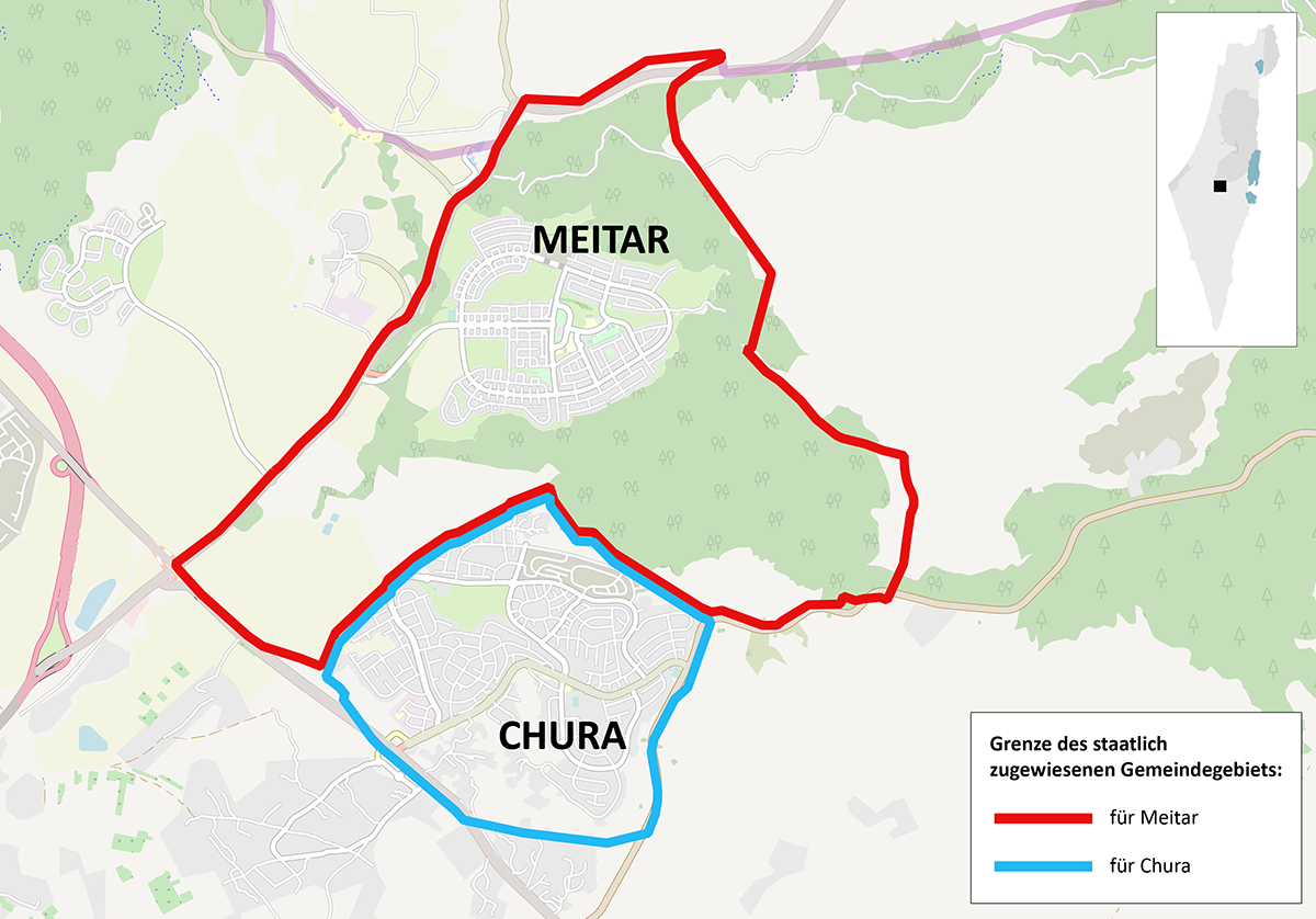 Karte des Gebiets von Metar und Chura. Markiert ist das staatlich zugewiesenen Gemeindegebiet für beide Ortschaften. Meitar, die kleine Ortschaft hat viel Land für zukünftige Entwicklung, während für Chura fast keine Möglichkeit zur Expansion besteht. Quelle: Statistisches Zentralamt Israel 2014.